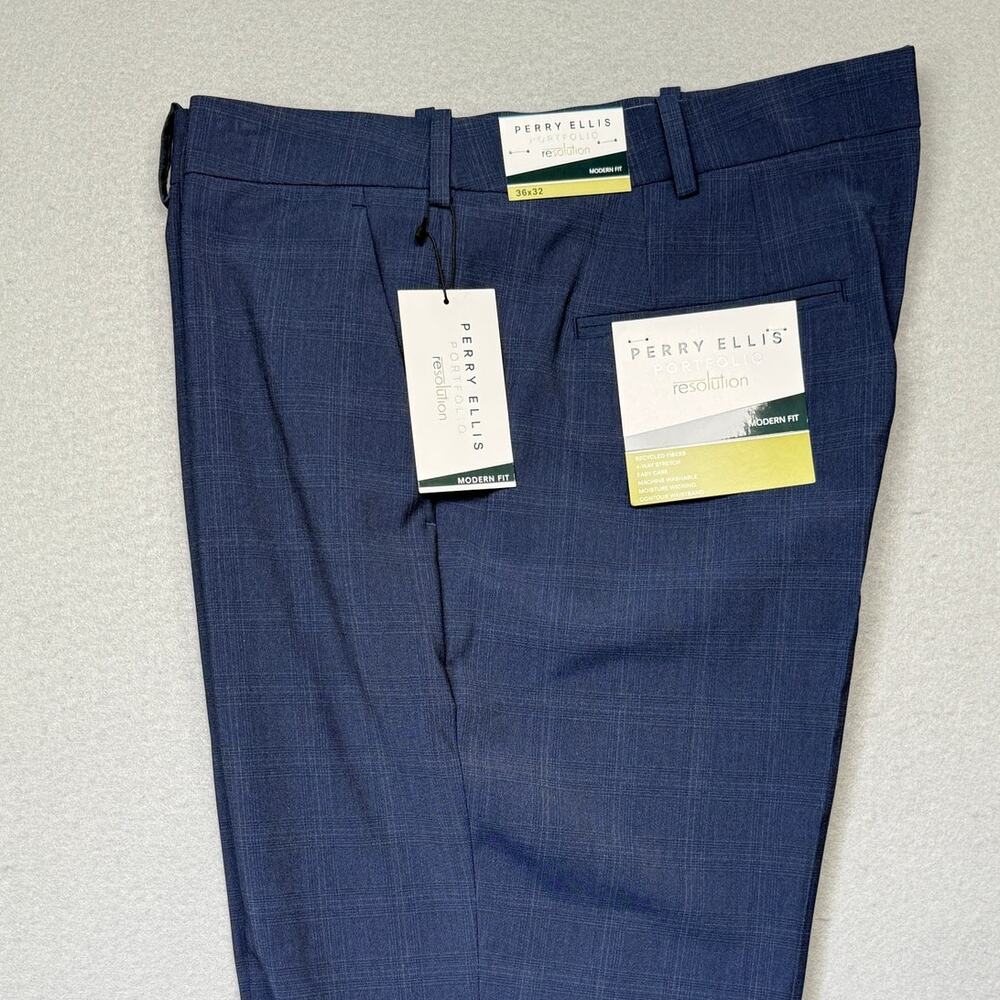 Perry Ellis Portfolio Men's Modern-Fit Stretch Pants Navy Windowpane 36x32 $95